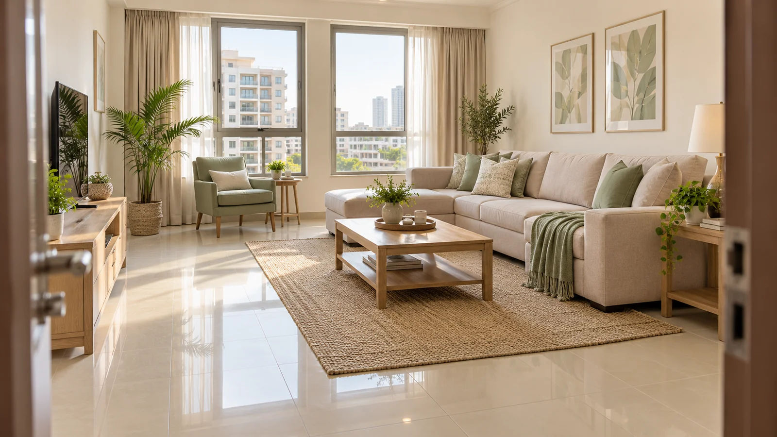 Sunlit living room with sectional sofa framed by doorway during regular cleaning service