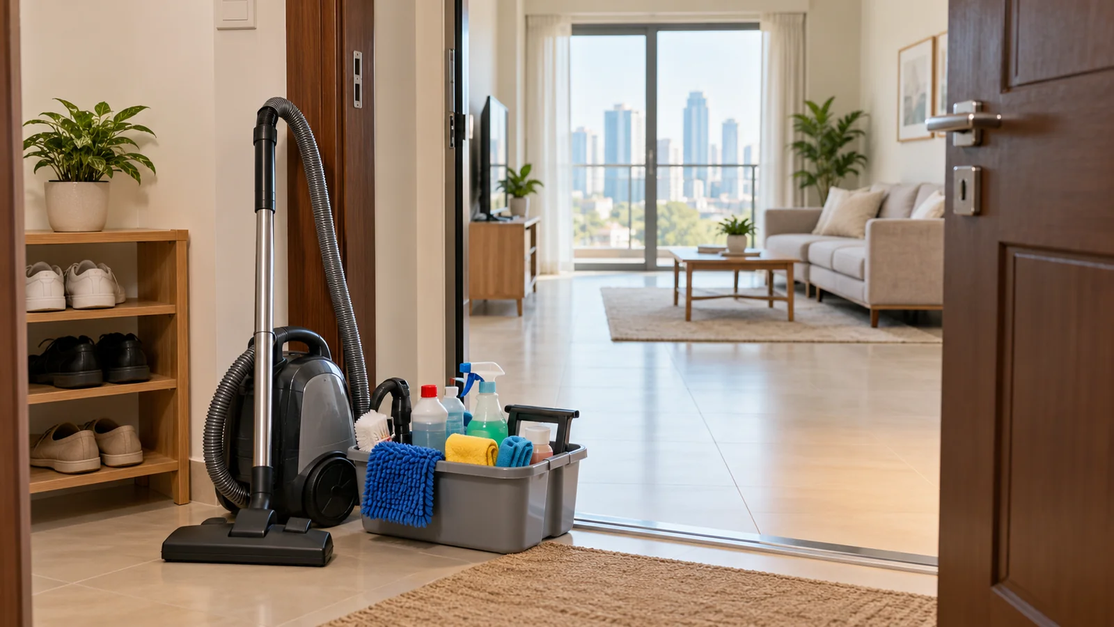 Vacuum cleaner and caddy of cleaning supplies in entryway for same day cleaning service