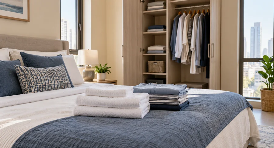 Stacked towels and folded laundry on bed during same day housekeeping service