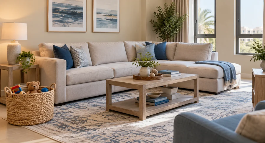 Sunlit living room with sectional sofa organized by same day maid cleaning service