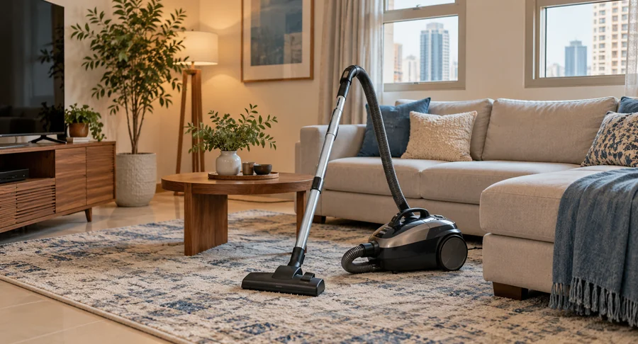 Vacuum cleaner on rug in living room during same day monthly cleaning service