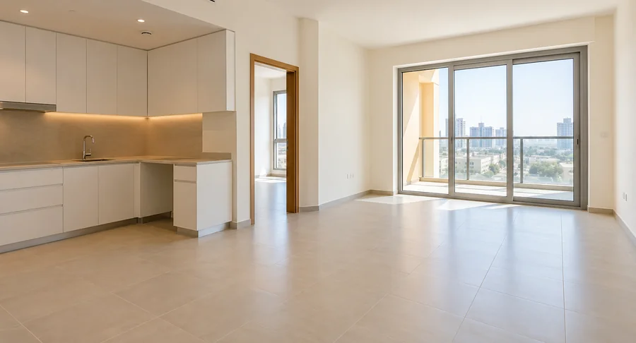 Empty modern apartment and kitchen after same day move out cleaning service