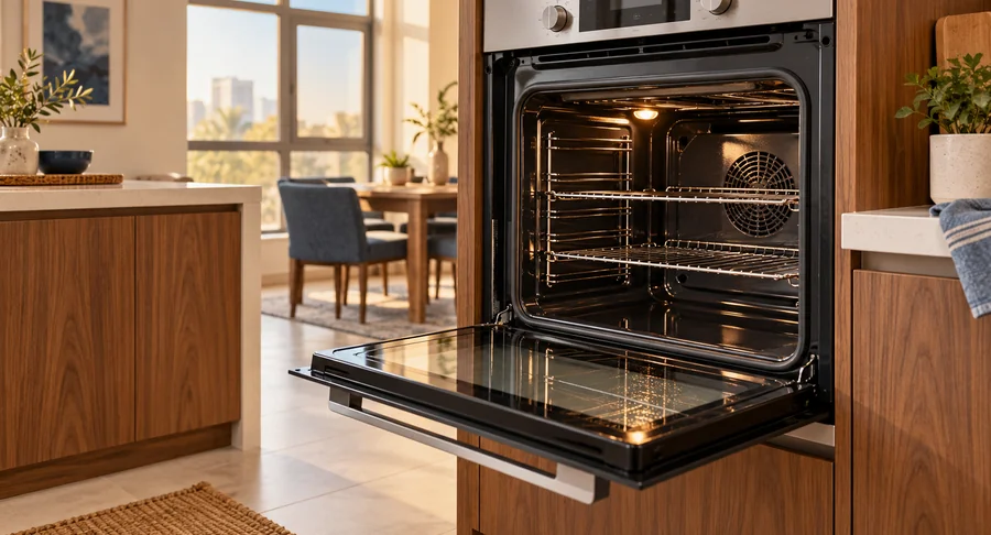 Clean open oven in modern wooden kitchen during same day cleaning service