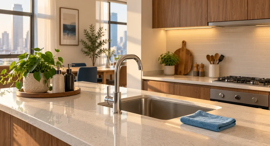 Clean kitchen counter and sink after same day weekly cleaning service
