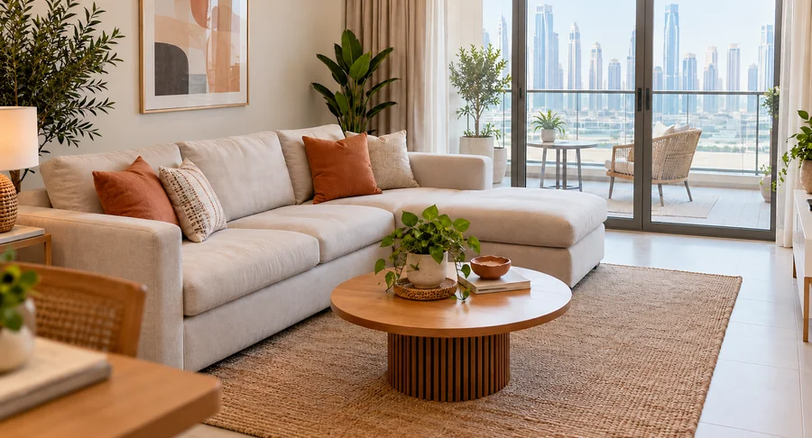 Modern apartment living room with clean sectional sofa and skyline view after sofa deep cleaning service