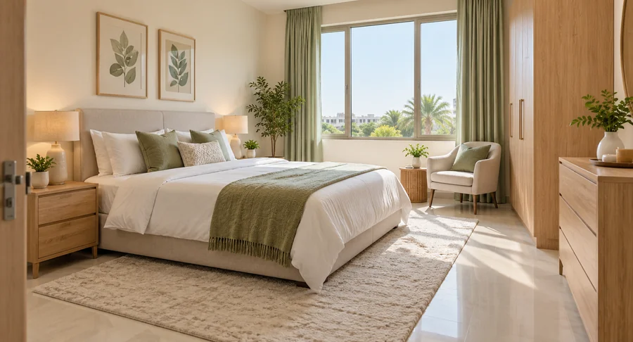 Bright modern bedroom with neatly made bed and accent armchair after bedroom deep cleaning service