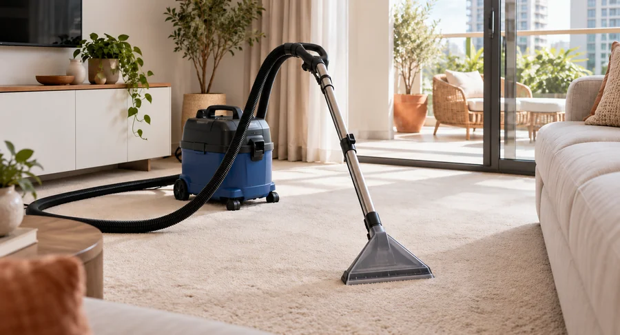 Professional vacuum extractor wand cleaning living room carpet during carpet deep cleaning service