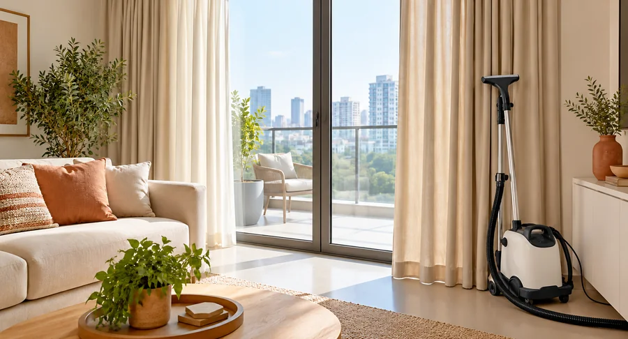 Professional cleaning machine next to sofa and window drapes during sofa and curtain cleaning service