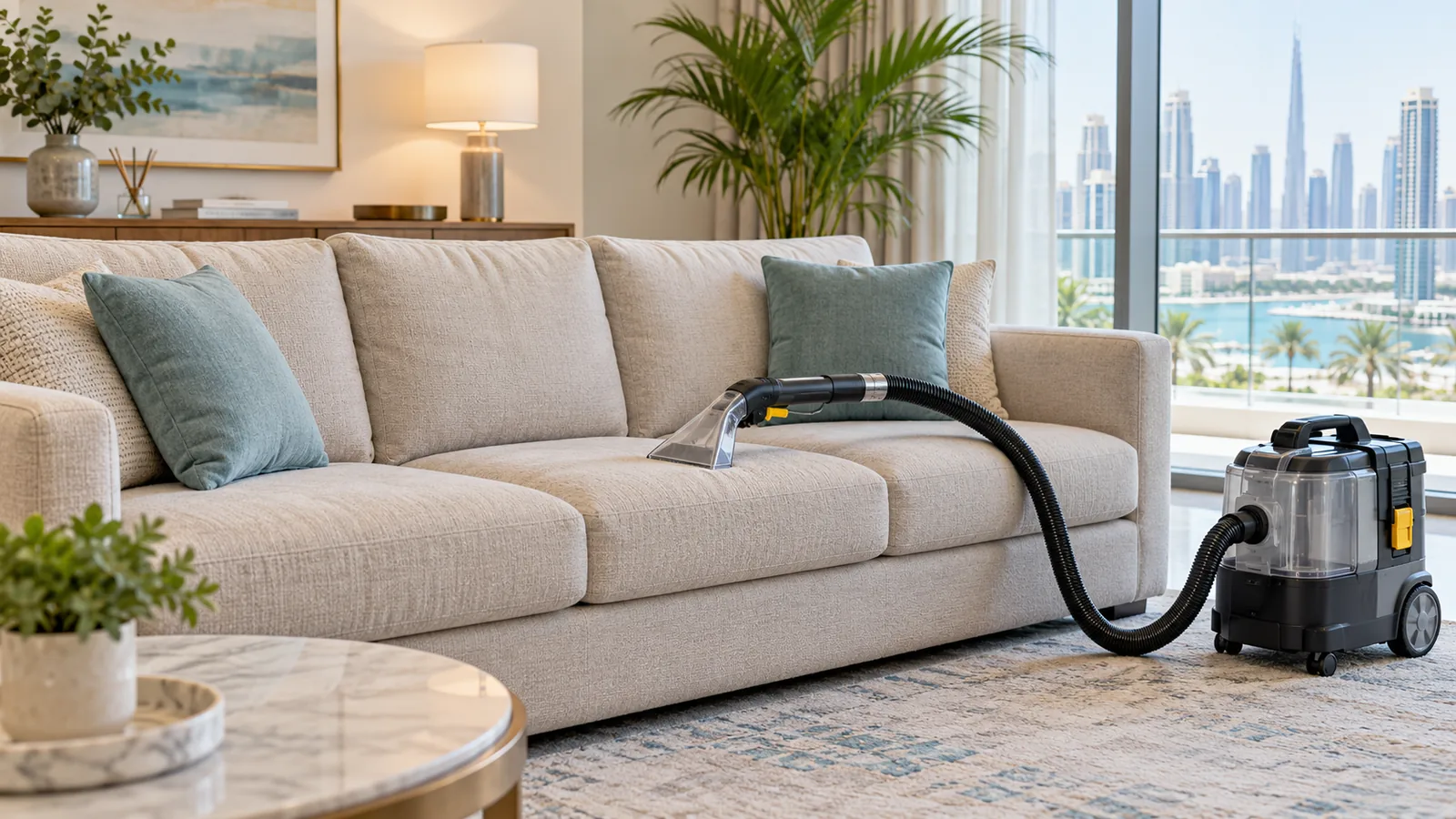 Professional extraction wand deep cleaning beige couch during sofa cleaning service