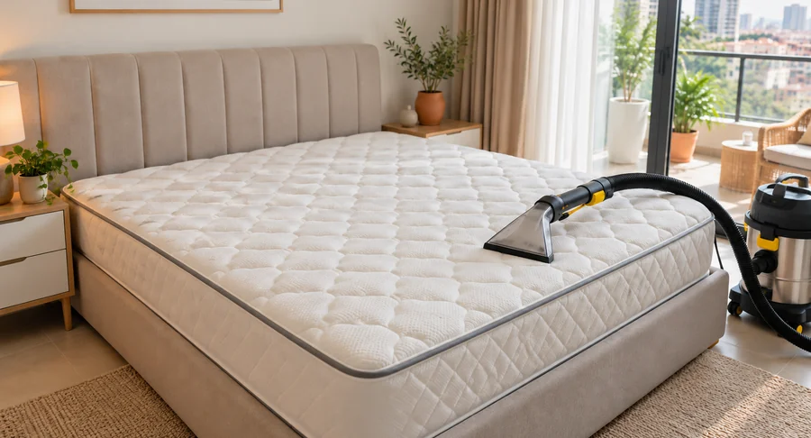Vacuum extraction nozzle cleaning a soft tufted mattress during mattress deep cleaning service