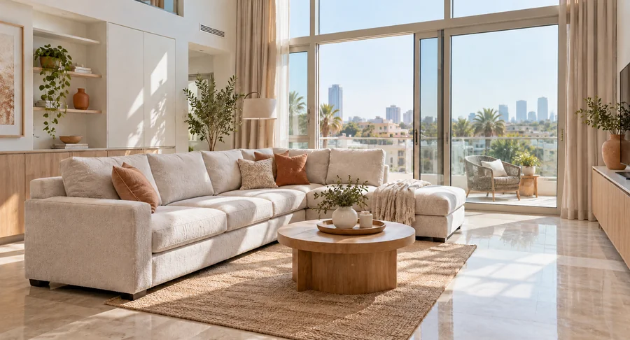 Spacious villa living room featuring clean sectional couch after professional sofa deep cleaning service