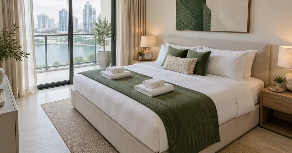 Staged bedroom in holiday home with green accents after specialized cleaning service