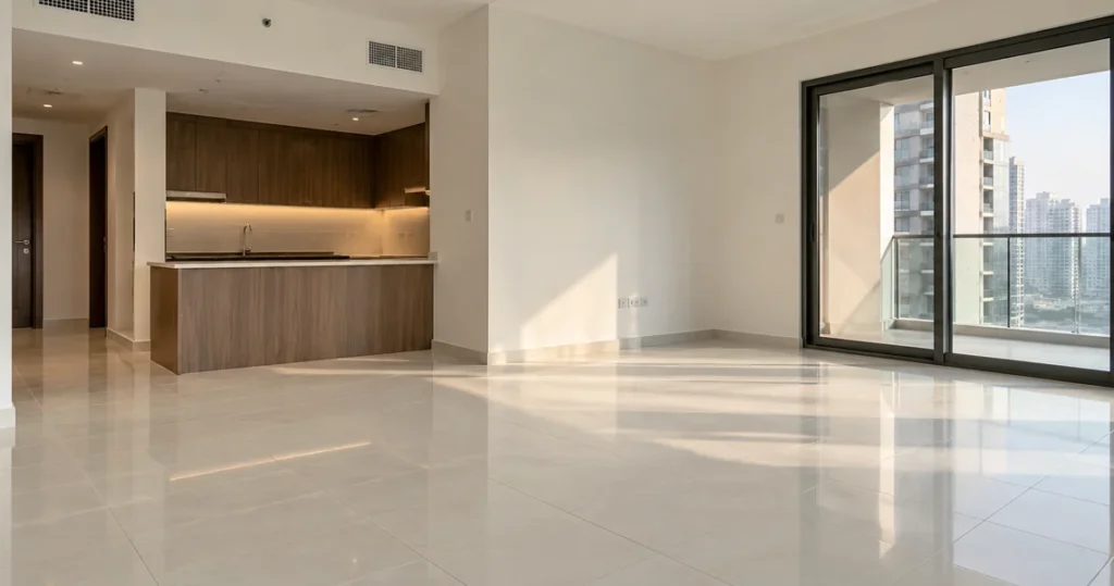 Spotless empty apartment interior with open kitchen after move-out cleaning service