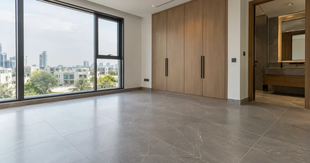 Pristine empty room with polished tiled floor after post-construction cleaning service