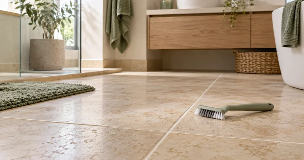 Spotless tiled bathroom floor and clean grout lines after professional floor and grout cleaning service