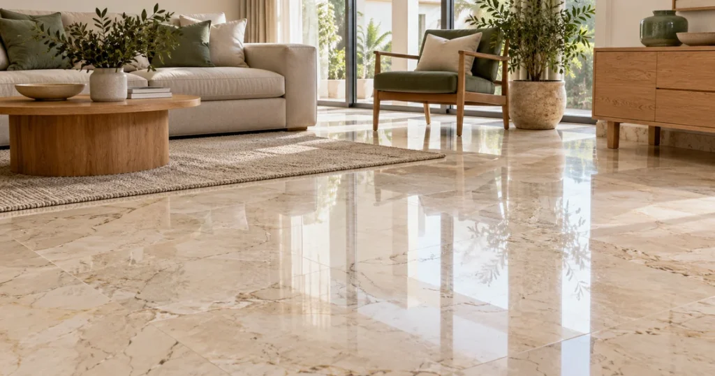 Glossy polished marble flooring in modern living room after professional marble polishing and restoration service