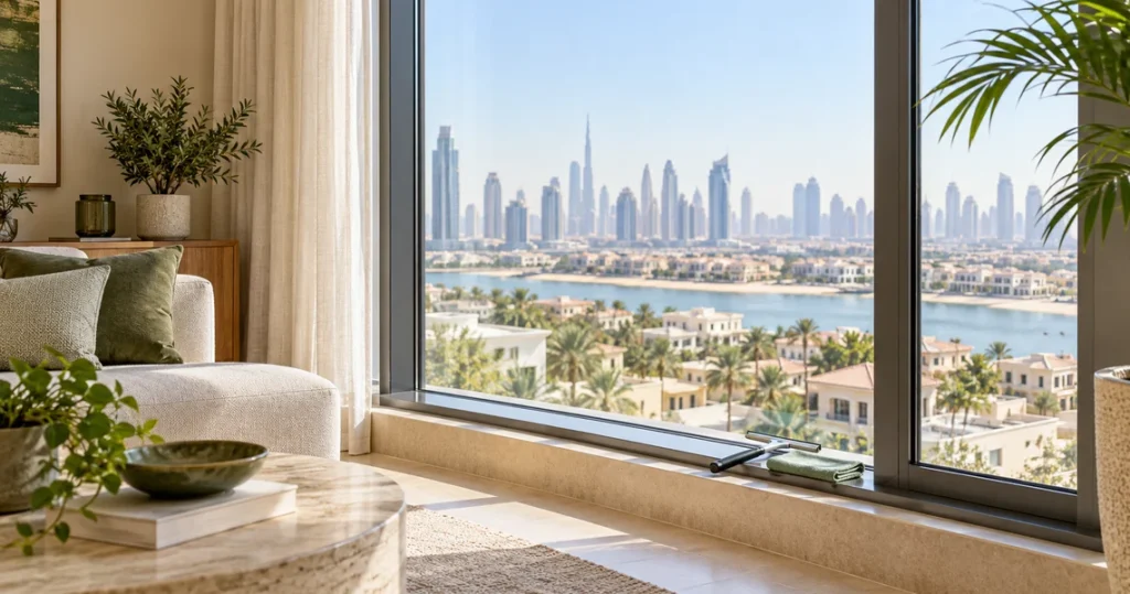 Sparkling glass window overlooking city skyline after professional window cleaning service