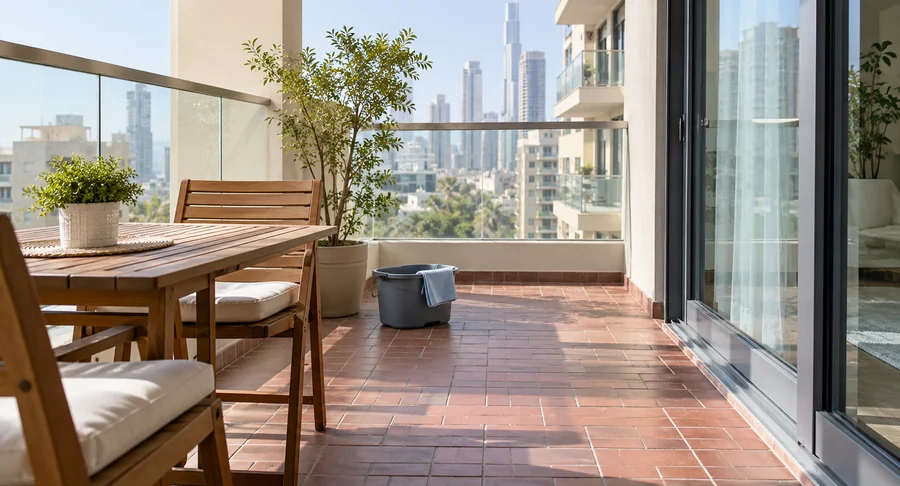 Clean high-rise apartment balcony with wooden furniture after balcony cleaning