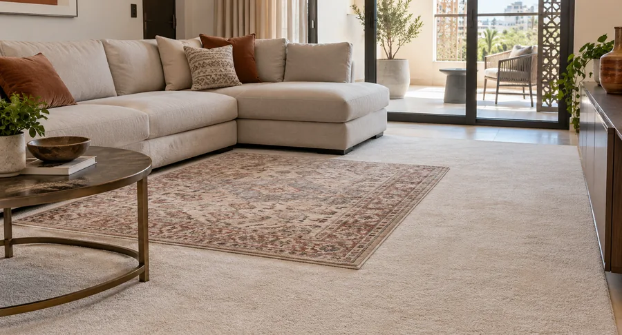 Clean living room section with patterned carpet after professional carpet cleaning
