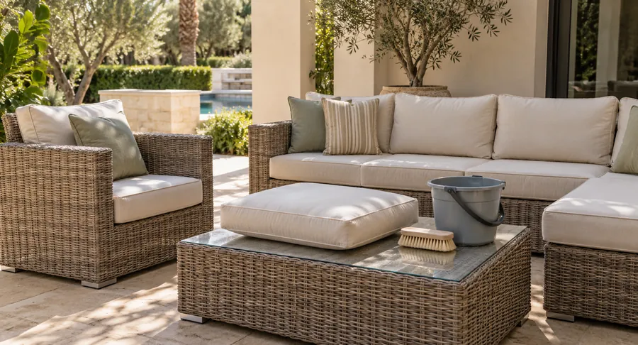 Scrub brush and cleaning bucket on outdoor wicker coffee table after garden furniture cleaning