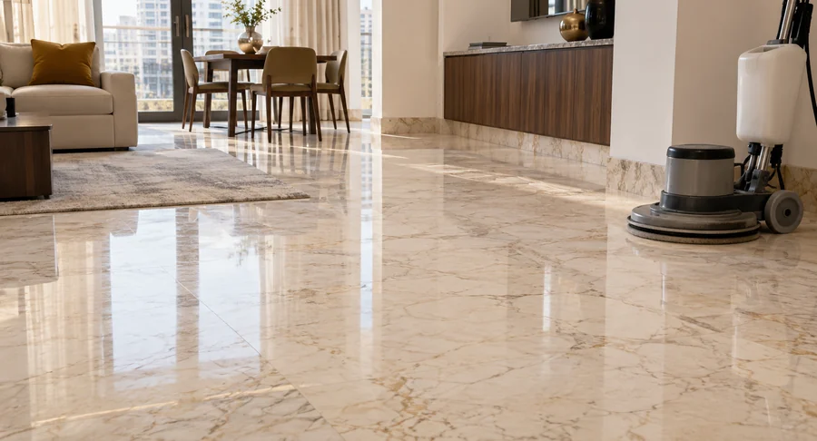 Polished marble floor with floor machine in modern apartment interior