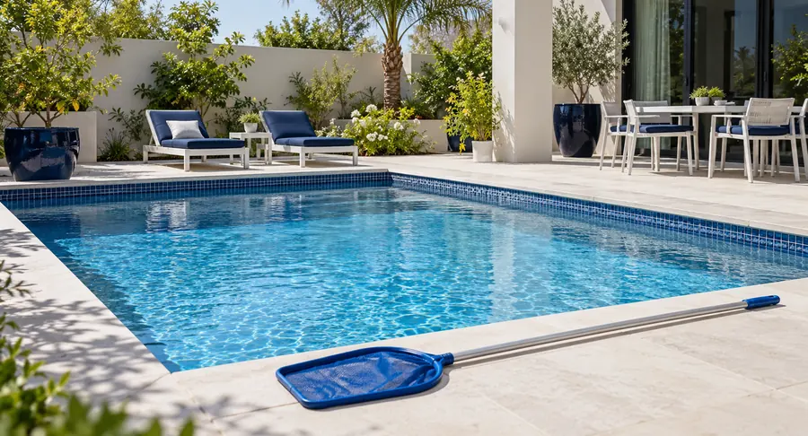 Clean outdoor pool with skimmer net and lounge chairs after pool cleaning