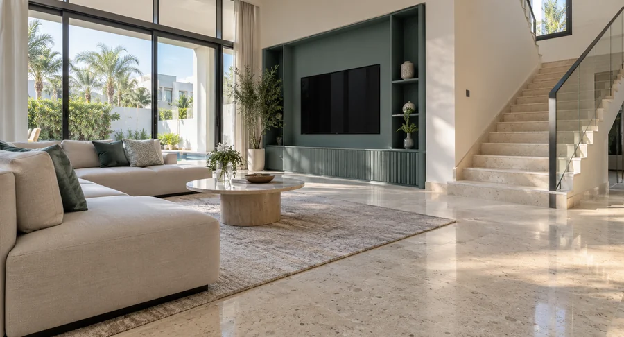 Polished marble floor with floor machine in modern apartment interior