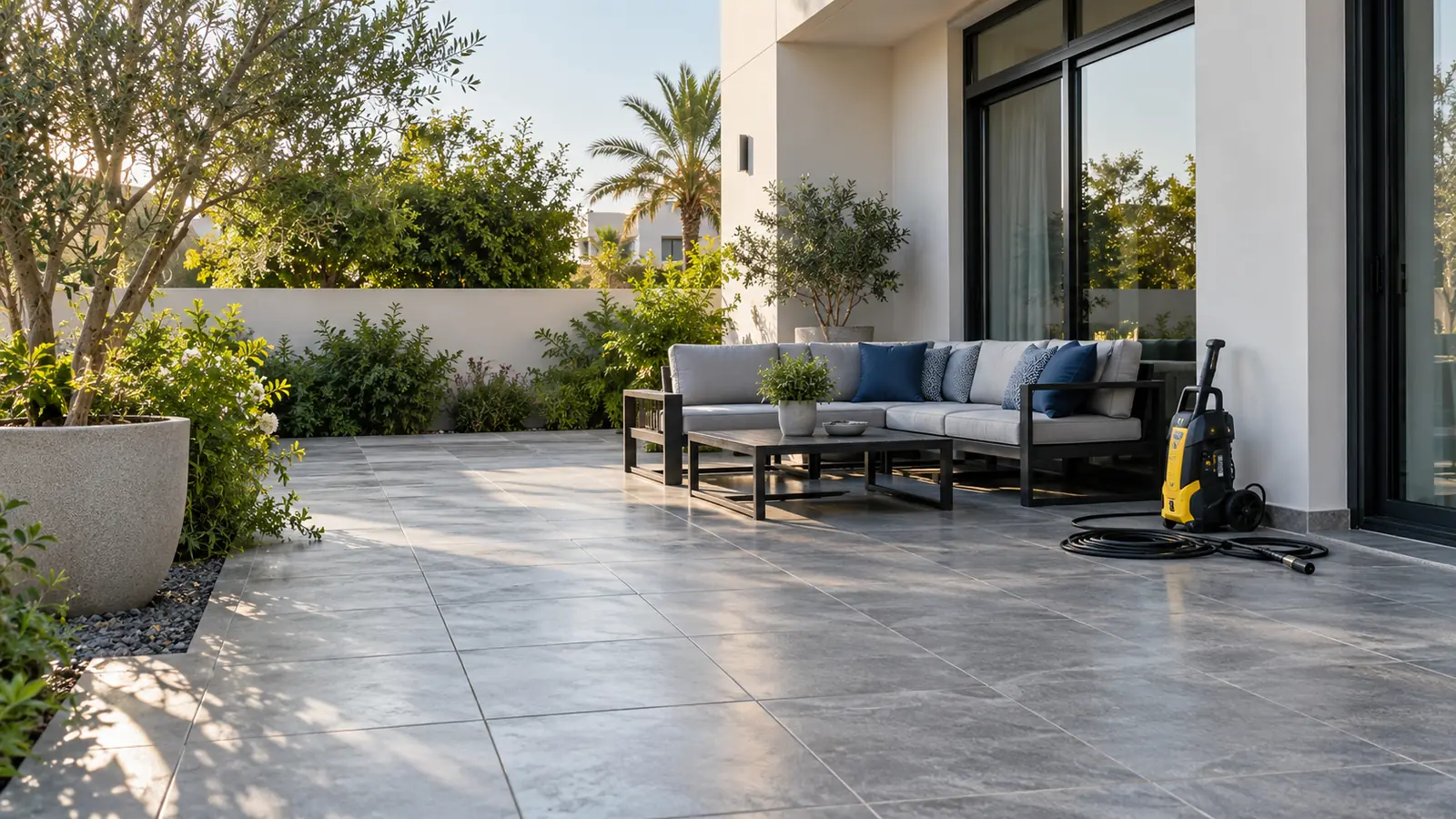 Pressure washer on clean stone patio with sectional sofa after terrace cleaning