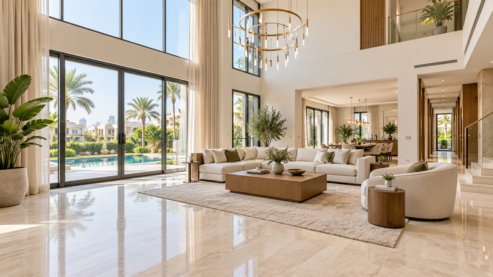 Spacious luxury villa living room overlooking pool area after professional villa cleaning service