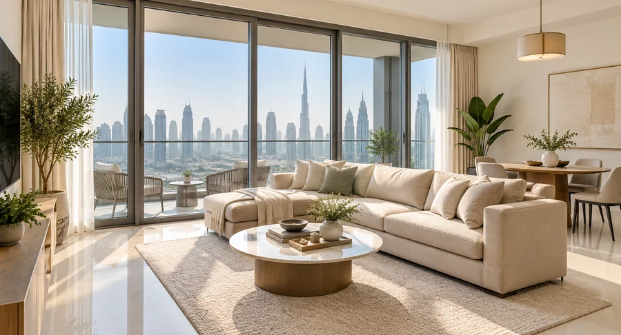 Modern luxury villa living room with skyline view after professional villa cleaning service