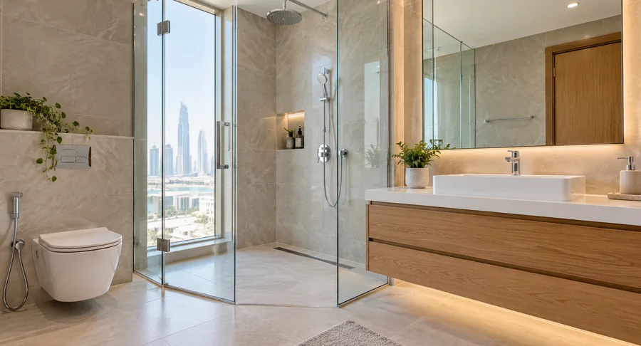 Luxury Dubai villa bathroom with a glass-enclosed shower, marble-effect tiled walls, wooden vanity cabinet, modern sink, and city views for villa bathroom deep cleaning.
