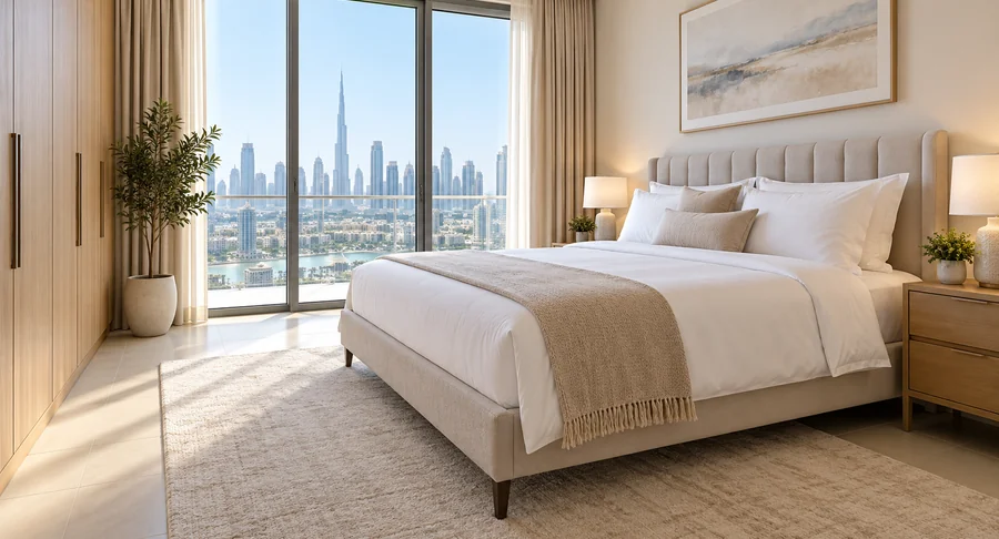 Luxury Dubai villa bedroom with a neatly made bed, soft neutral bedding, plush carpet, wooden wardrobes, and floor-to-ceiling windows overlooking the Burj Khalifa for villa bedroom deep cleaning.