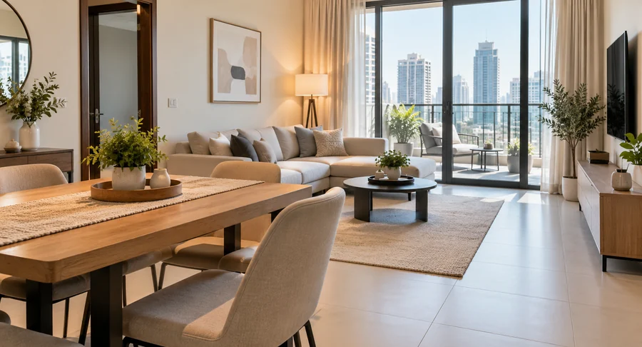 Sunlit modern apartment living room and dining area after apartment deep cleaning service