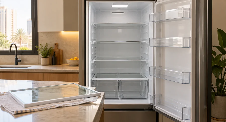 Spotless open refrigerator with empty glass shelves after fridge cleaning service