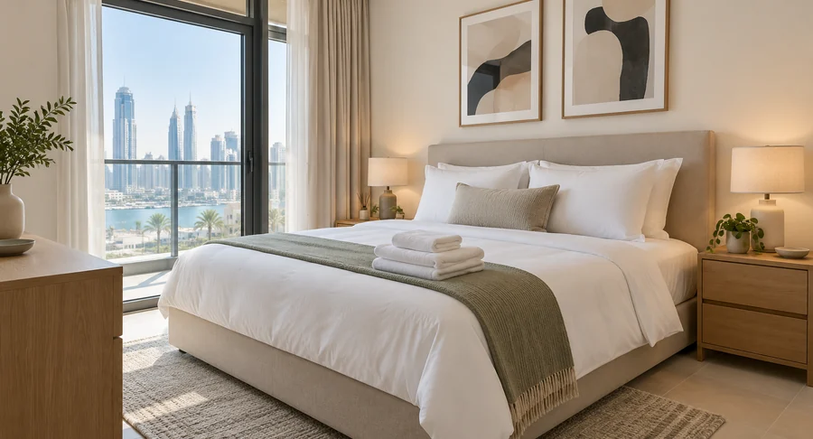 Clean luxury bedroom with folded towels in holiday home after deep cleaning service
