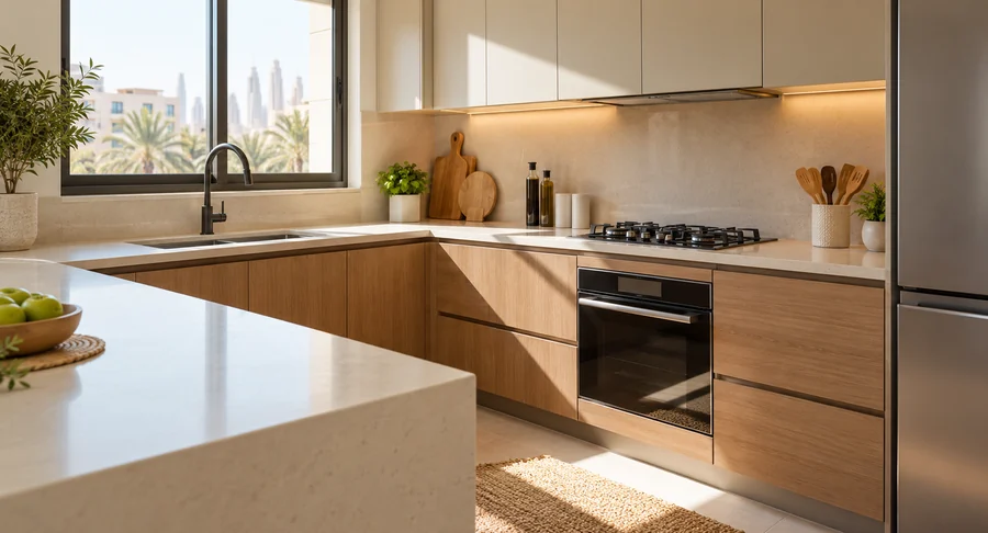 Modern kitchen countertops and wooden cabinets after kitchen deep cleaning service