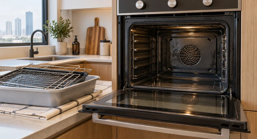 Clean wall oven interior with door open after professional oven cleaning service