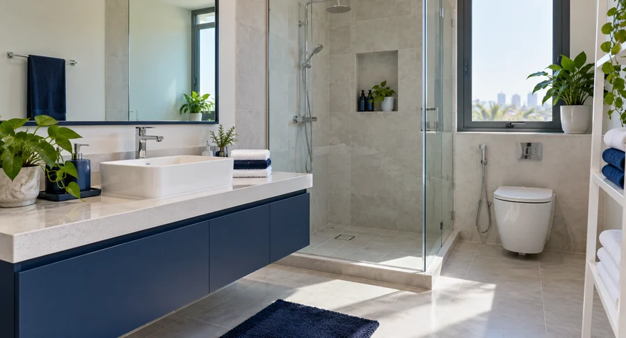 Clean bathroom with blue vanity unit after deep bathroom cleaning