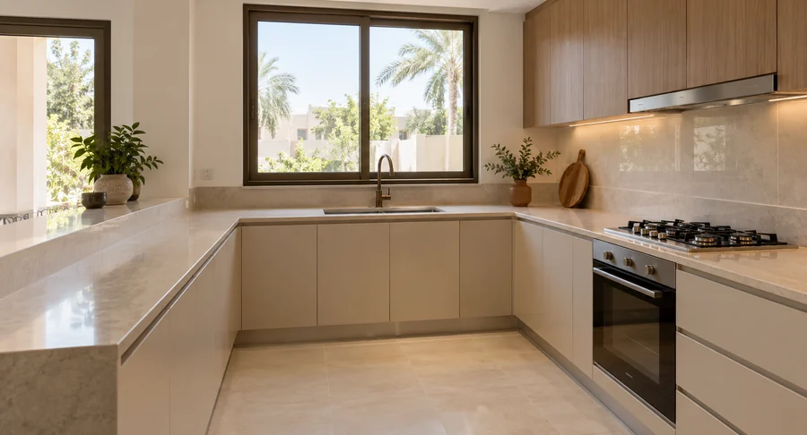 Clean modern kitchen counter and stove after professional kitchen deep cleaning