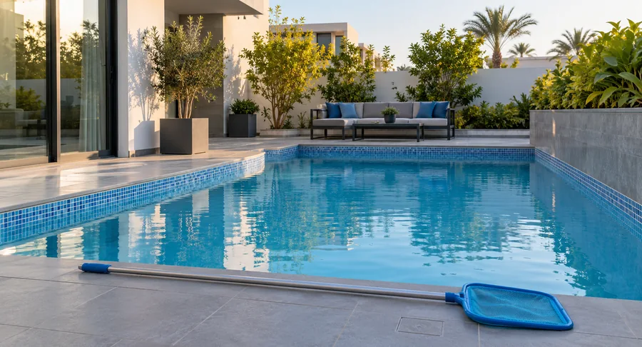 Pool skimmer net next to clean blue swimming pool after pool cleaning service