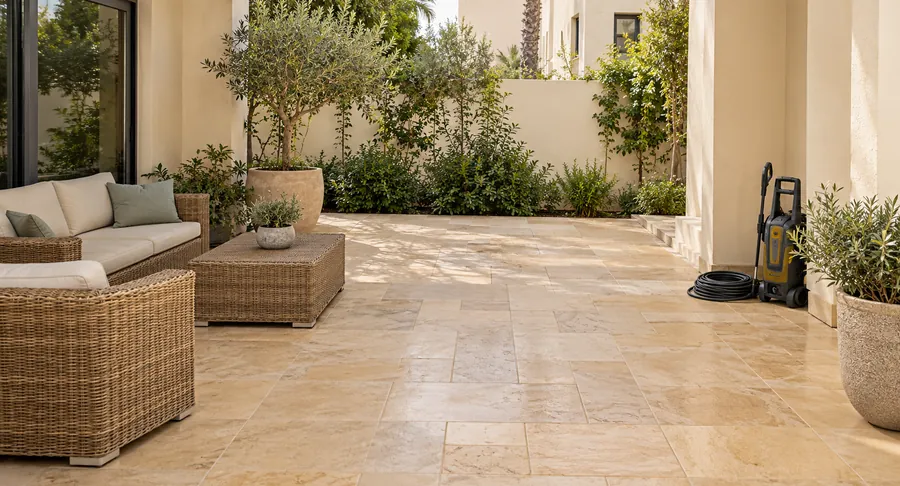 Pressure washer standing on clean outdoor terrace patio after professional terrace cleaning