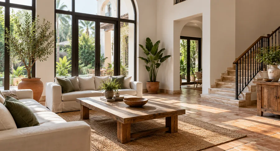 Clean spacious villa living room with white sofas after professional deep cleaning