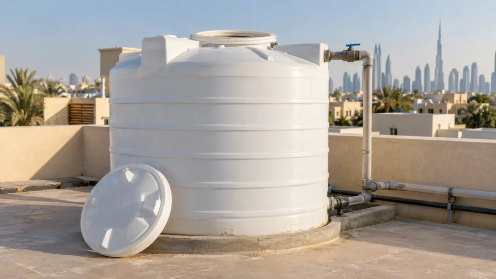 Clean white rooftop water tank after professional water tank cleaning service