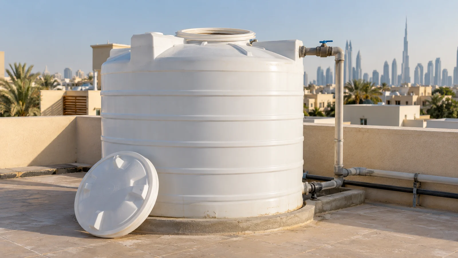 Clean white rooftop water tank after professional water tank cleaning service