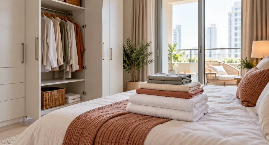 Stacked towels on bed next to open closet during weekly housekeeping service