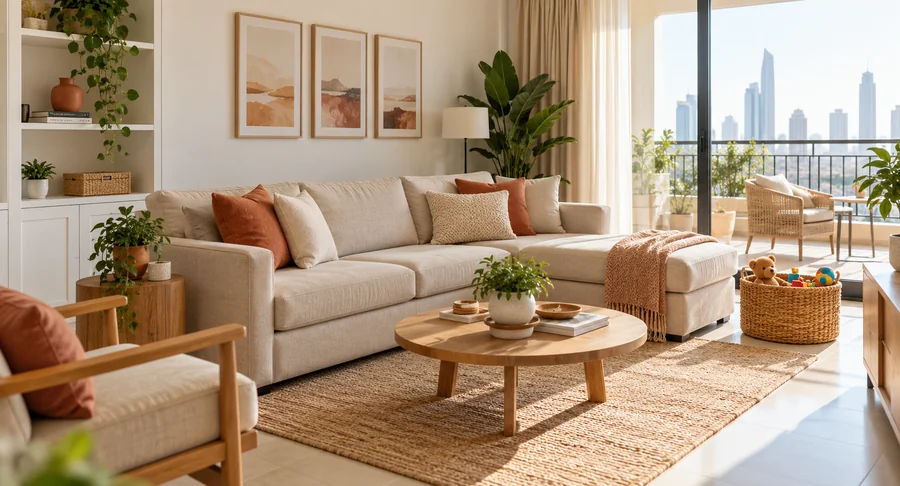 Tidy living room with sofa and coffee table arranged by weekly maid service