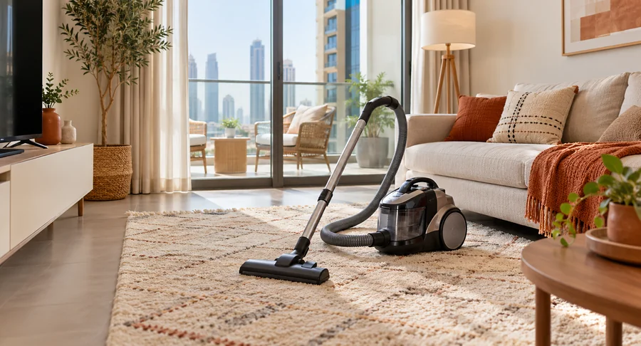 Vacuum cleaner on rug in living room during weekly monthly cleaning service