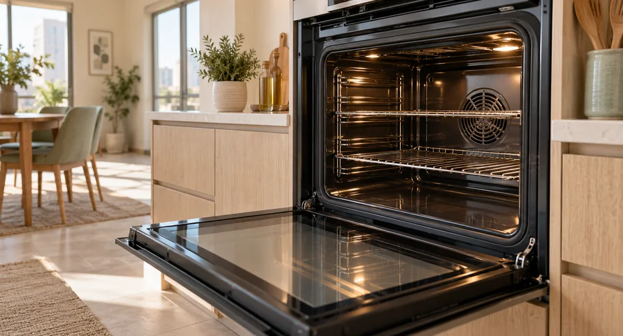Clean open oven door and racks during weekly oven cleaning service
