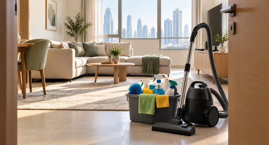 Vacuum cleaner and cleaning supply caddy in living room for weekly same day service