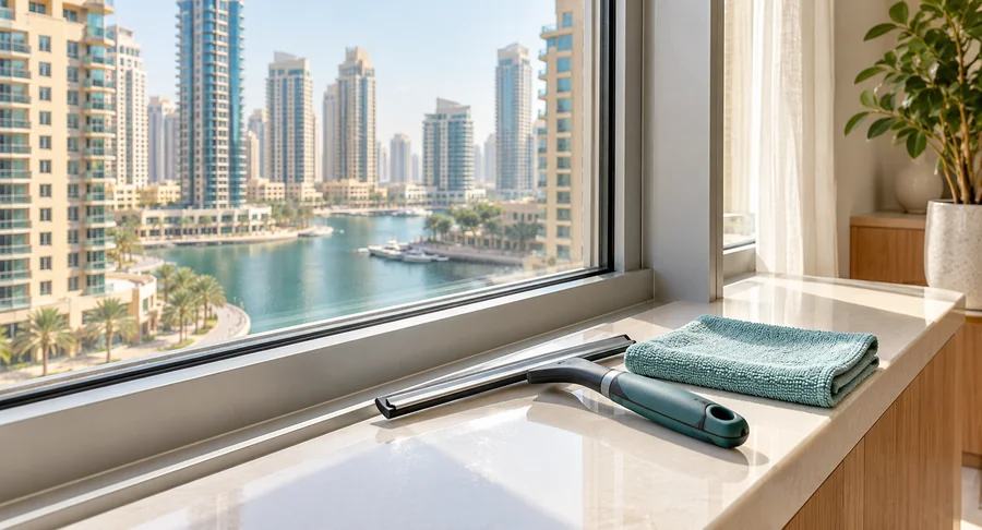 Window squeegee and folded cloth on sill during weekly window cleaning service